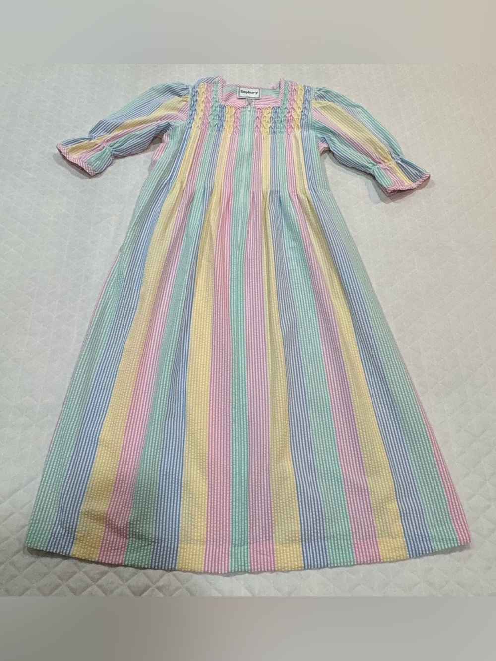 VTG Saybury Rainbow Seersucker Nightgown Housecoat Size M Striped Puff Sleeves